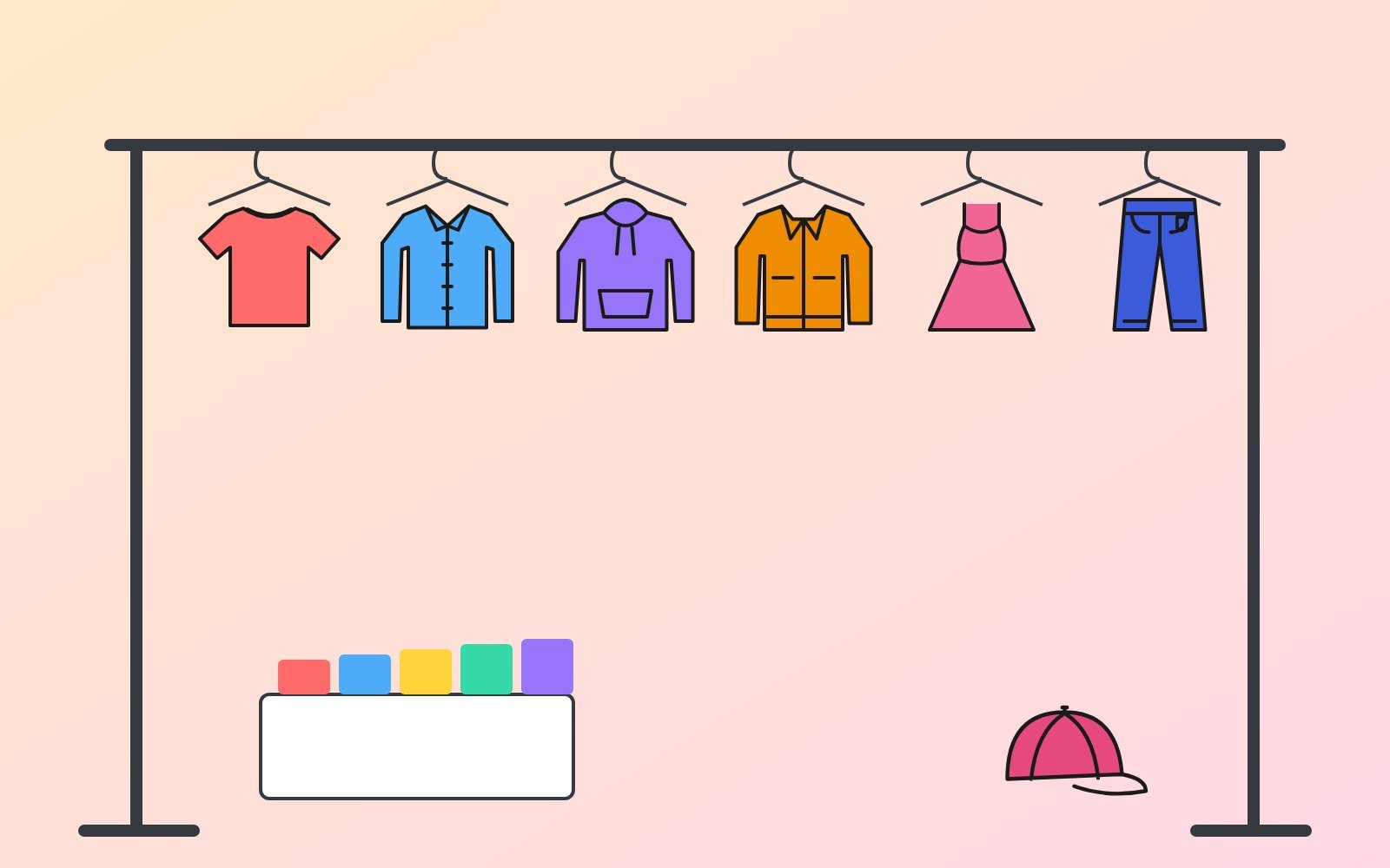 Clothing rack with colourful tees, shirts, jackets and jeans