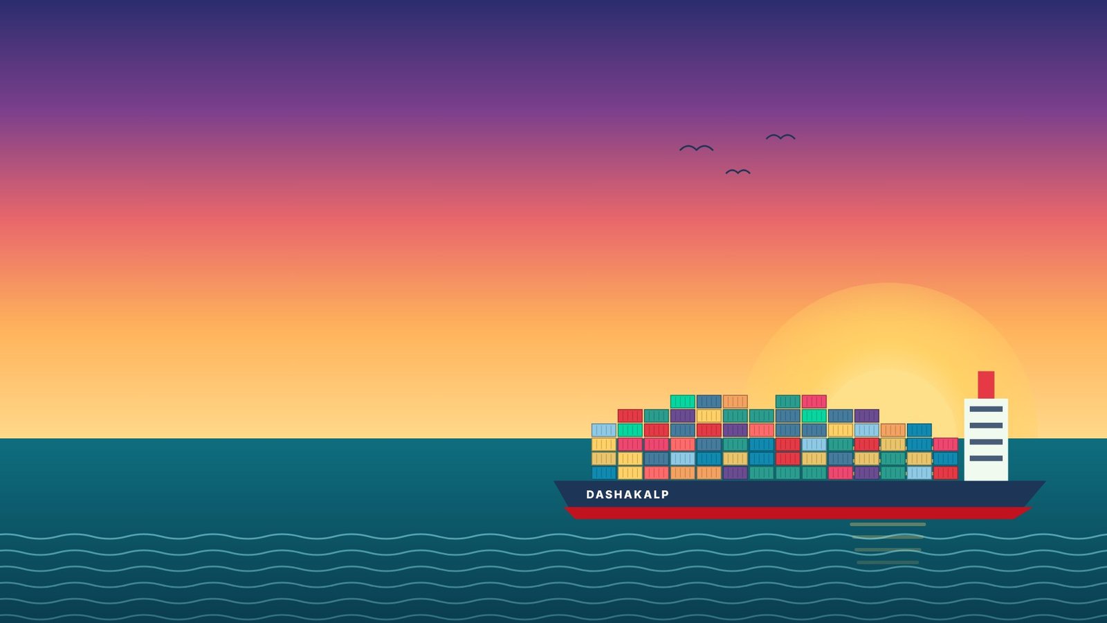 Container ship loaded with colourful containers sailing at sunrise