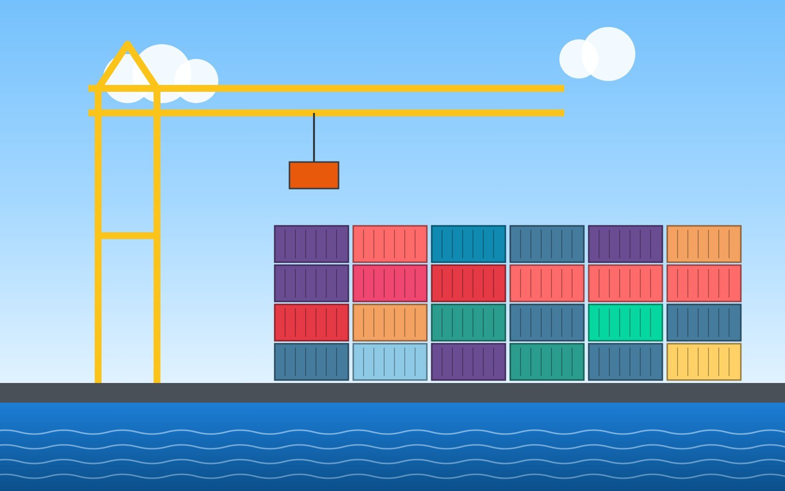 Colourful containers and a crane at a port